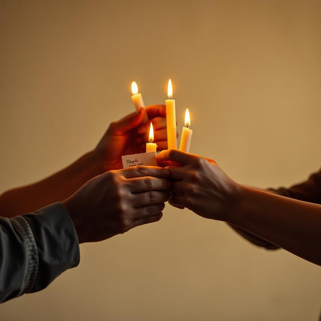 Manos sosteniendo velas encendidas — comunidad en solidaridad